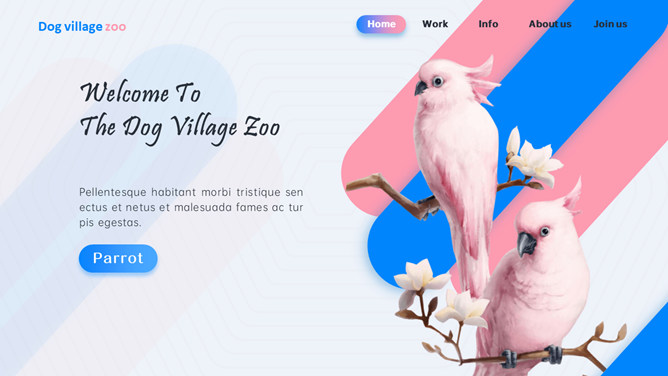 创意时尚粉蓝鹦鹉PPT模板。一套创意设计幻灯片模板,清新时尚粉蓝配色,鹦鹉、火烈鸟等动物元素。