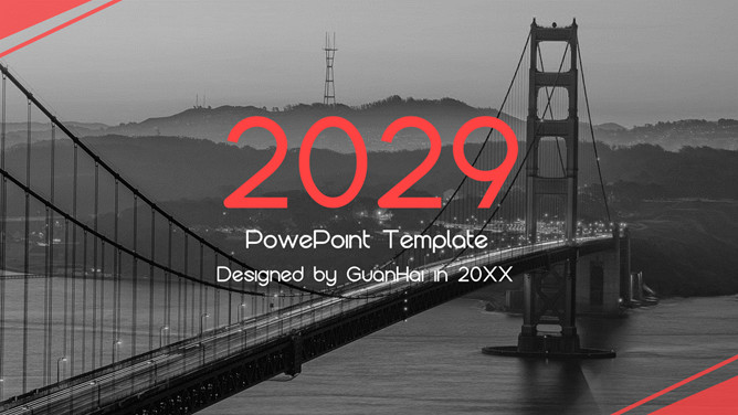 一份设计时尚的精美PPT模板,封面页以大桥风景为背景,红色主色调,扁平化设计。关键词：精美PPT模板下载。